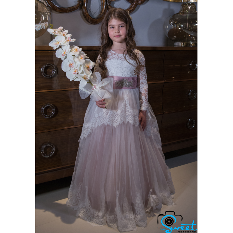 Ivory Lace Flower Design Dress Long Sleeves Aden