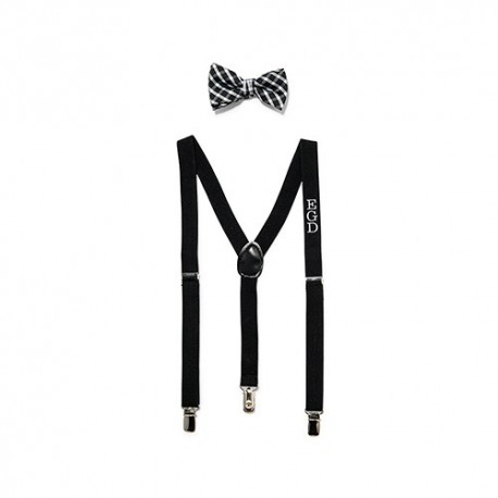 Boy's Custom Monogrammed Tuxedo Suspender And Bowtie Attire - Black White Plaid