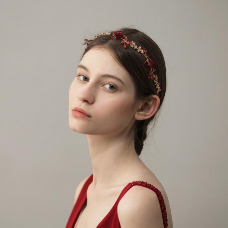 Crystal Flower Bridal Gold with Red Headpiece