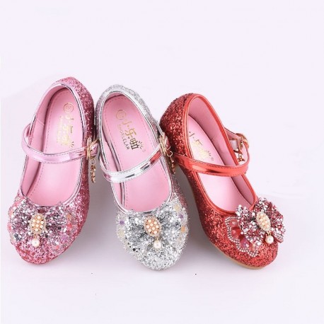 Sparkling Silver Shoes with Duble Bow and Pearl