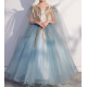 Blue Tulle with Gold Sequins Design Dress for Girls