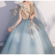 Blue Tulle with Gold Sequins Design Dress for Girls