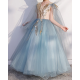 Blue Tulle with Gold Sequins Design Dress for Girls