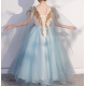 Blue Tulle with Gold Sequins Design Dress for Girls