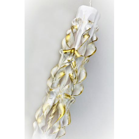 White & Gold Handmade Sculpted Candle with Two Carved Ends