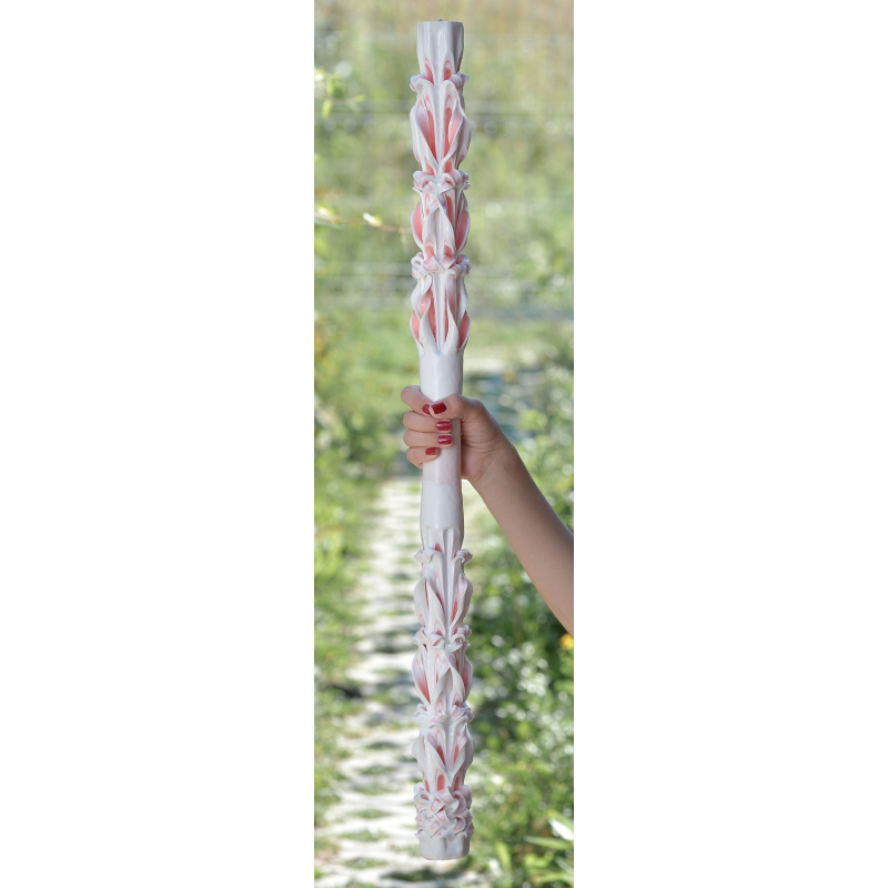 White & Pink Handmade Sculpted Candle with Two Carved Ends Aden