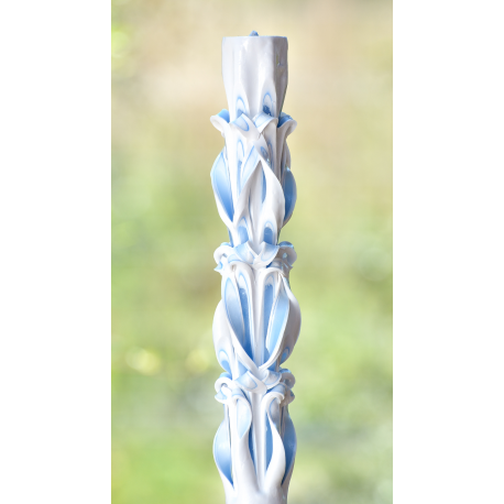White & Blue Handmade Sculpted Candle with Two Carved Ends