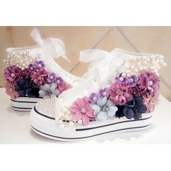 Purple Flower Design Converse Shoes for Girls with Ringstones