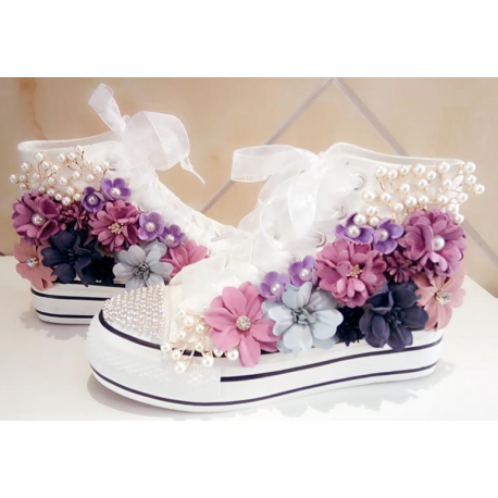 Purple Flower Design Converse Shoes for Girls with Ringstones