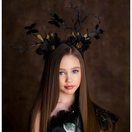 Black Twig Tiara With Flowers and Butterflies