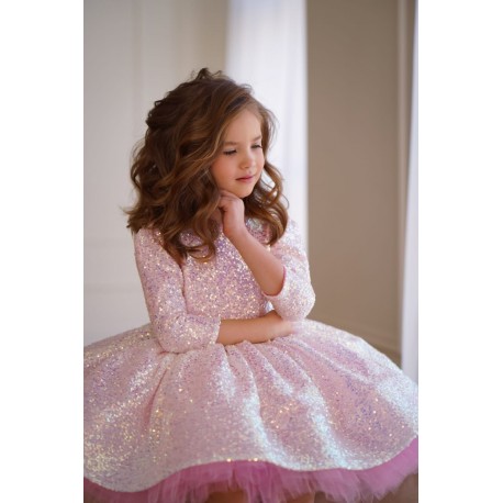 Sparkling Long Sleeves Pink Birthday Dress